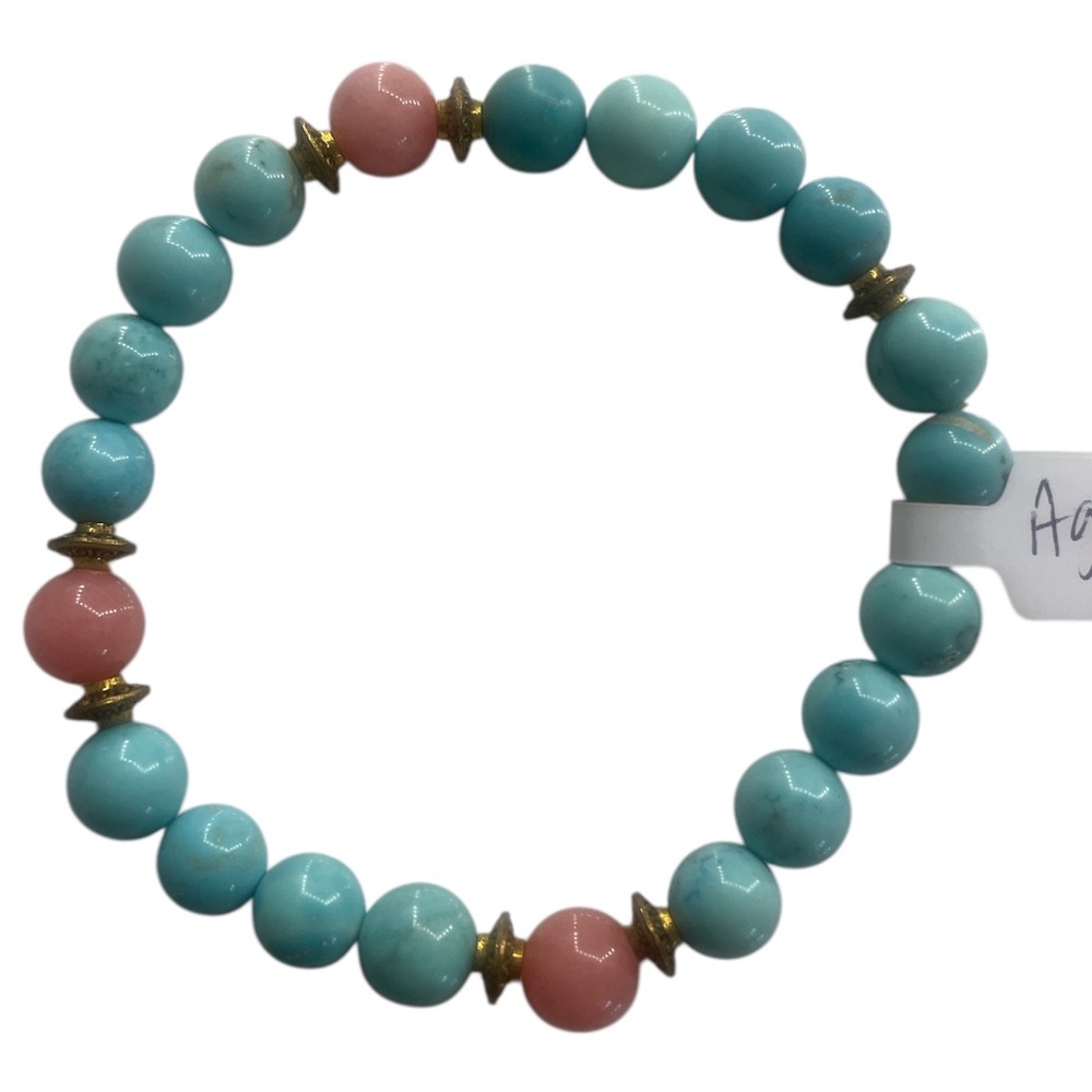 Lace Agate colored Turquoise, Rose Quartz Gemstone Bracelet,Stretch - Picture 7 of 7
